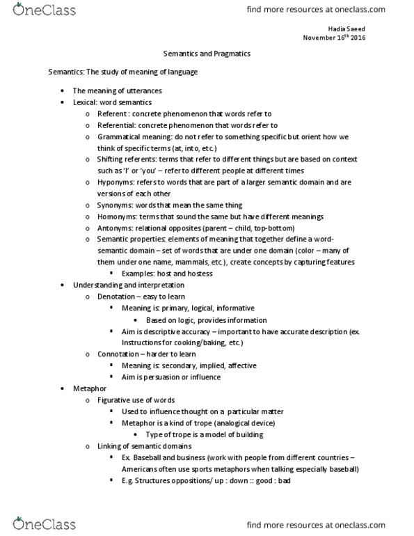 ANT102H5 Lecture Notes - Lecture 6: Handia (Drink), Pragmatics, Denotation thumbnail