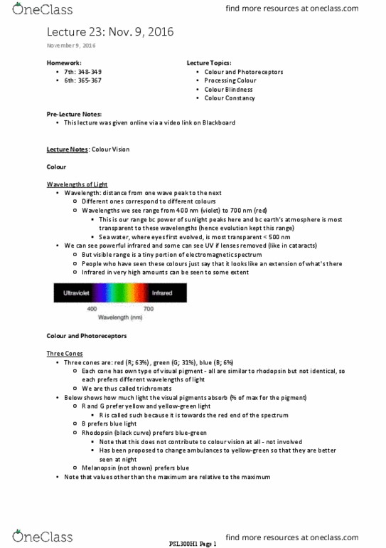 PSL300H1 Lecture Notes - Lecture 23: Color Vision, Color Constancy, G Cell thumbnail