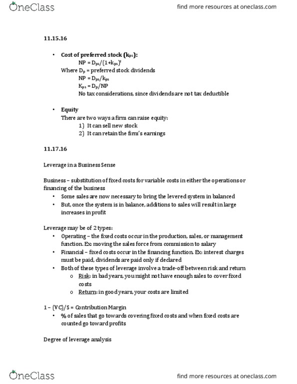 FIN 3104 Lecture Notes - Lecture 18: Operating Leverage, Preferred Stock, Capital Structure thumbnail