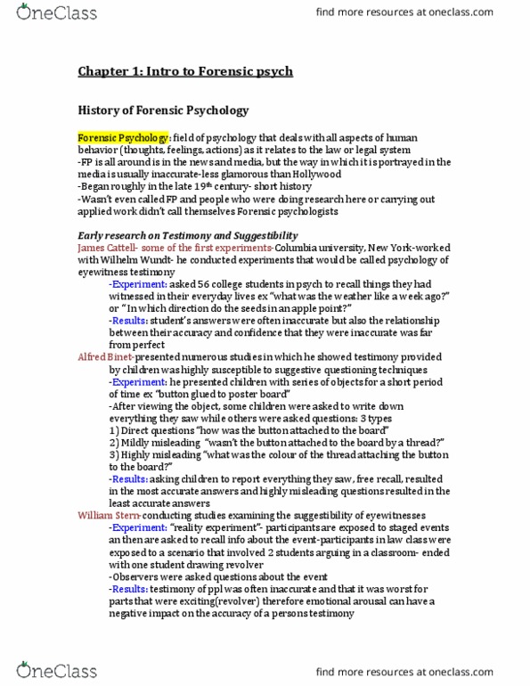 PSY344H5 Lecture Notes - Lecture 1: Forensic Psychology, Forensic Psychiatry, Albert Horsley thumbnail