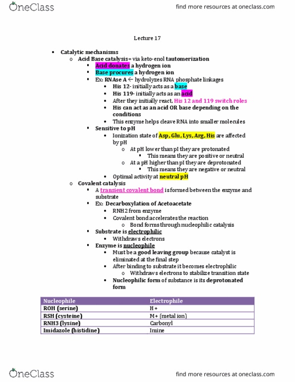 BCHS 3304 Lecture Notes - Lecture 17: Covalent Bond, Electrophile, Pancreatic Ribonuclease thumbnail