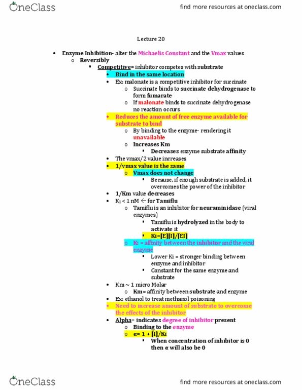 BCHS 3304 Lecture Notes - Lecture 20: Oseltamivir, Uncompetitive Inhibitor, Succinic Acid thumbnail