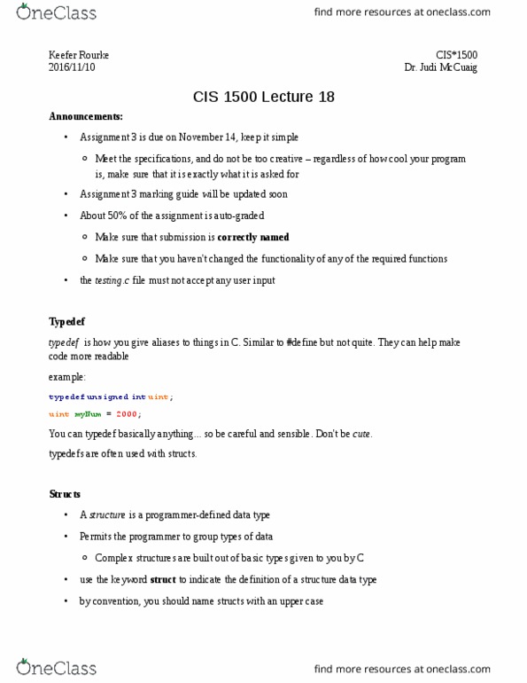 CIS 1500 Lecture Notes - Lecture 18: Semicolon thumbnail