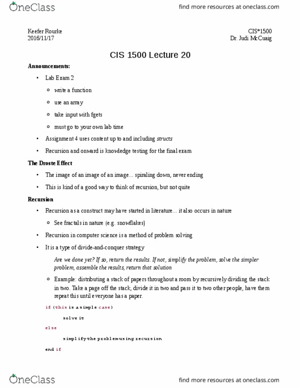 CIS 1500 Lecture Notes - Lecture 20: Call Stack, Droste Effect, Exponentiation thumbnail