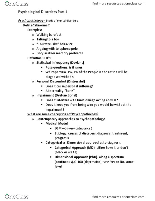 PSY 101 Lecture Notes - Lecture 18: Psychopathology, Etiology, Schizophrenia thumbnail