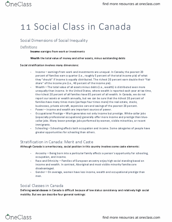 SOC 1100 Chapter Notes - Chapter 11: Upper Class, Blue-Collar Worker, Social Stratification thumbnail