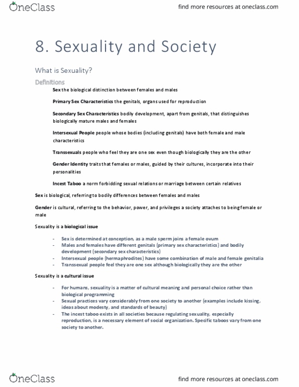 SOC 1100 Chapter Notes - Chapter 8: Sex Organ, Incest Taboo, Extramarital Sex thumbnail