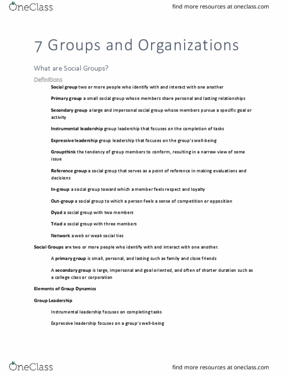 SOC 1100 Chapter Notes - Chapter 7: Georg Simmel, Social Group, Groupthink thumbnail
