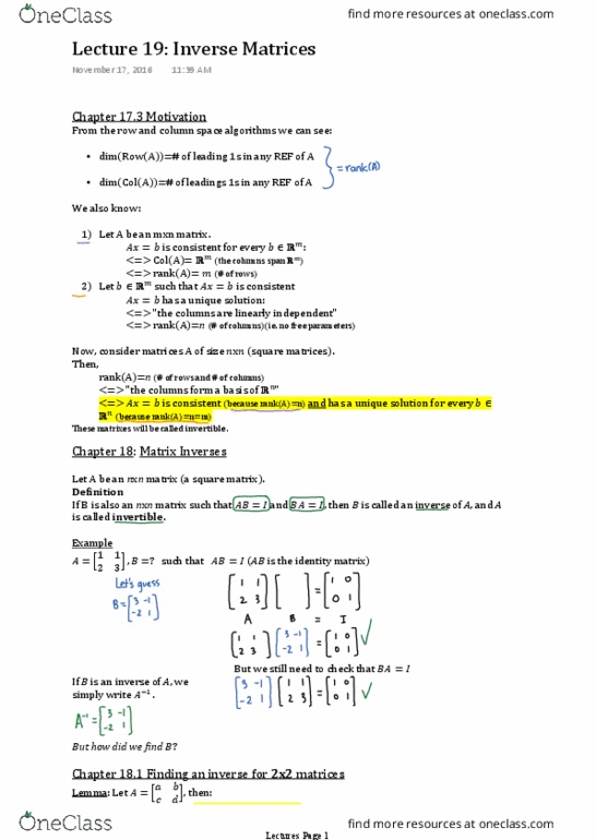 MAT 1341 Lecture Notes - Lecture 19: Invertible Matrix, Mexican Peso, Identity Matrix thumbnail