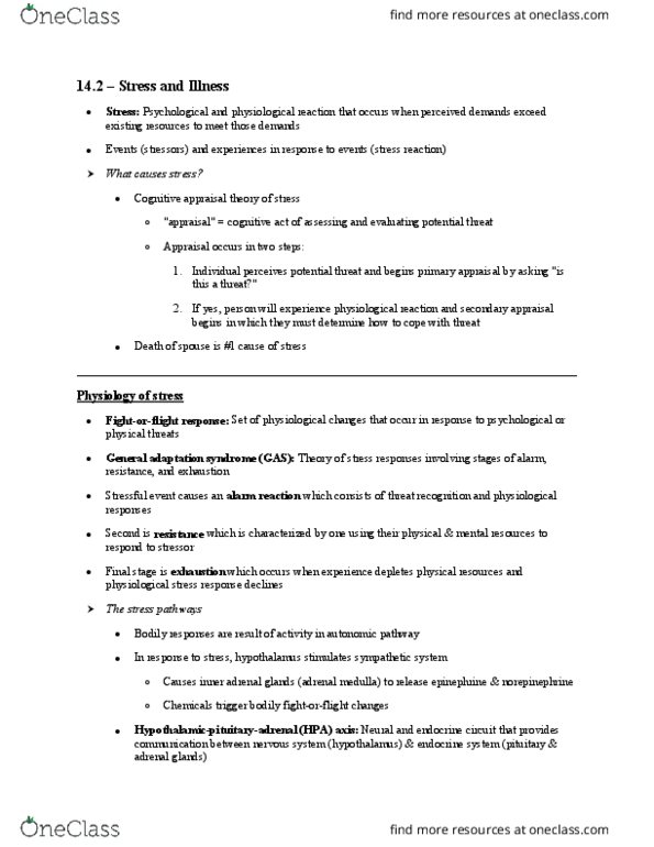 PSY100H1 Chapter Notes - Chapter 14.2: Adrenal Medulla, Appraisal Theory, Endocrine System thumbnail