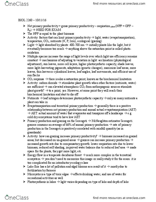 BIOL 2260 Lecture Notes - Lecture 14: Primary Production, Evapotranspiration, Terrestrial Ecosystem thumbnail