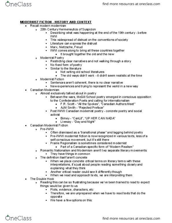 EN 2220 Lecture Notes - Lecture 10: Concrete Poetry, Confederation Poets, Romantic Nationalism thumbnail