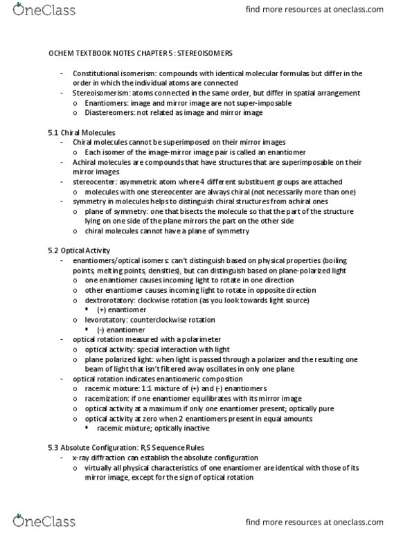 CHEM 140A Chapter Notes - Chapter 5: Optical Rotation, Absolute Configuration, Stereocenter thumbnail