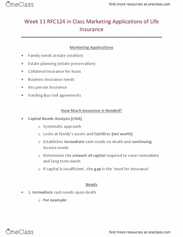 Business Administration - Financial Planning RFC124 Lecture Notes - Lecture 11: Cash Cash, Life Insurance, Estate Planning thumbnail