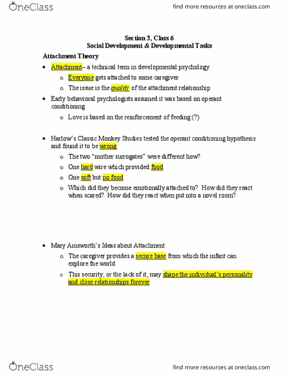 PSYCH 101 Lecture Notes - Lecture 26: Parenting Styles, Developmental Psychology, Attachment Theory thumbnail