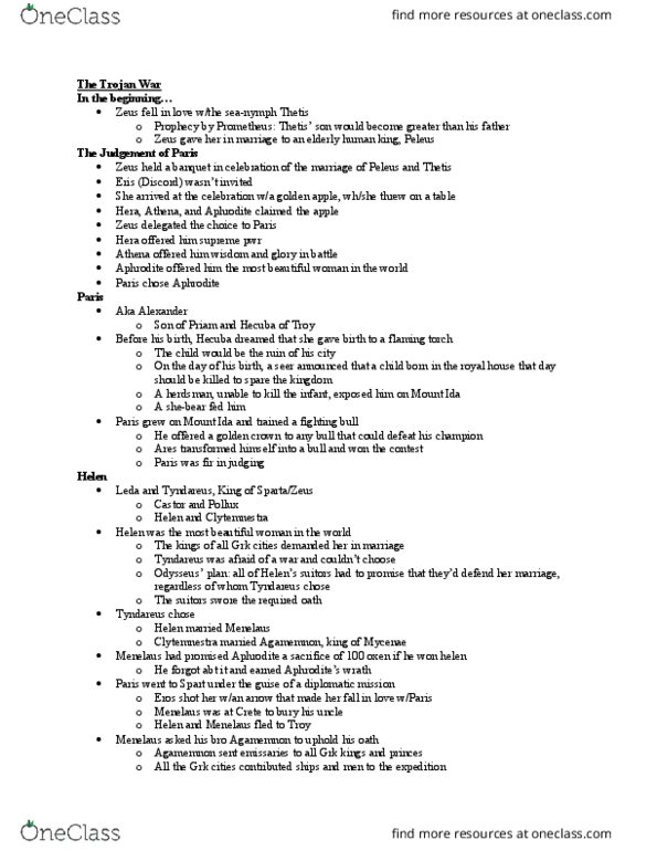 CLT 3370 Lecture Notes - Lecture 13: Acastus, Trojan War, Odysseus thumbnail