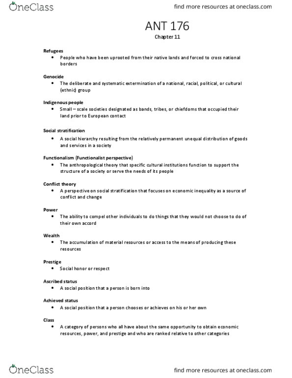 ANT 176 Chapter Notes - Chapter 11: Social Stratification, Ascribed Status, Achieved Status thumbnail