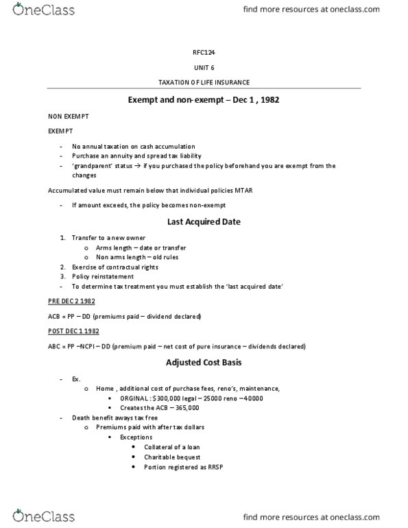 Business Administration - Financial Planning RFC124 Chapter Notes - Chapter 6: Unit, Fair Market Value thumbnail