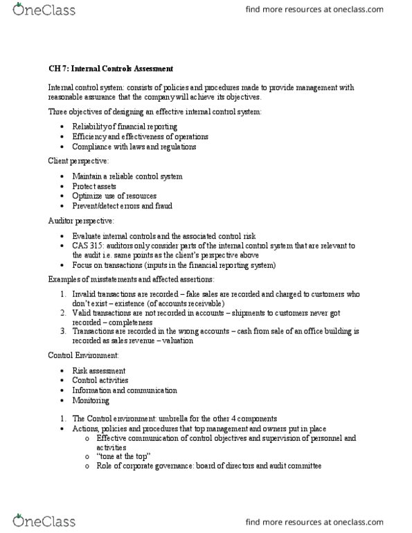 ACCO 450 Chapter Notes - Chapter 9: Internal Audit, Internal Control, Risk Assessment thumbnail