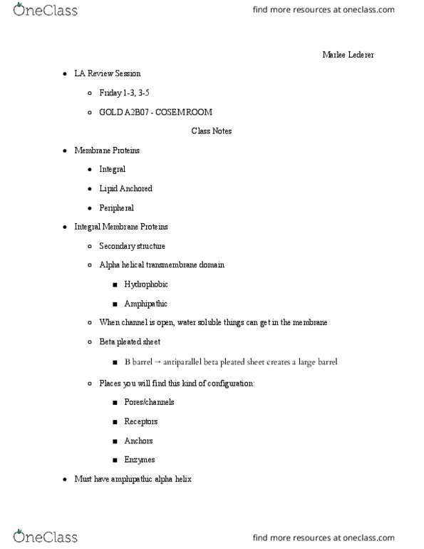 MCDB 1150 Lecture Notes - Lecture 22: Beta Sheet, Glycosylphosphatidylinositol, Alpha Helix thumbnail