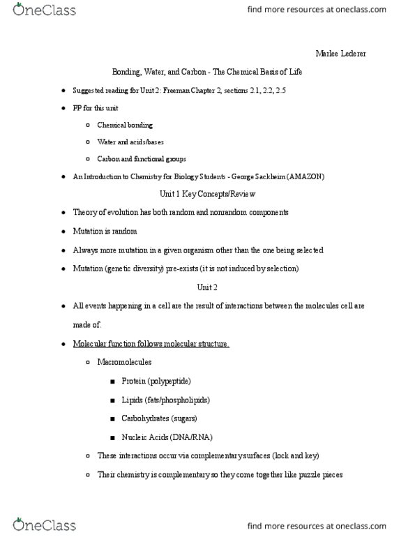 MCDB 1150 Lecture Notes - Lecture 5: Chemical Bond, Monomer, Cell Nucleus thumbnail