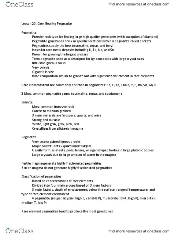 EOSC 118 Lecture Notes - Lecture 20: Pegmatite, Tourmaline, Intrusive Rock thumbnail