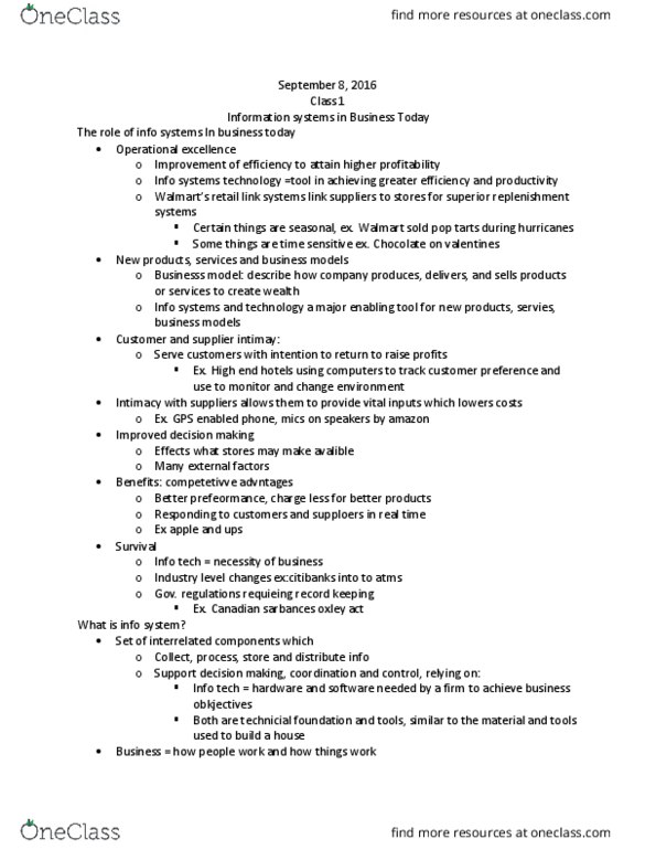 ITM 102 Lecture Notes - Lecture 1: Pop-Tarts, Operational Excellence, Information System thumbnail