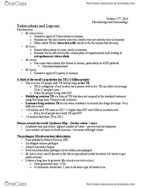 Microbiology and Immunology 2500A/B Lecture Notes - Lecture 11: Mycobacterium Tuberculosis, Caseous Necrosis, Mycobacterium Leprae thumbnail