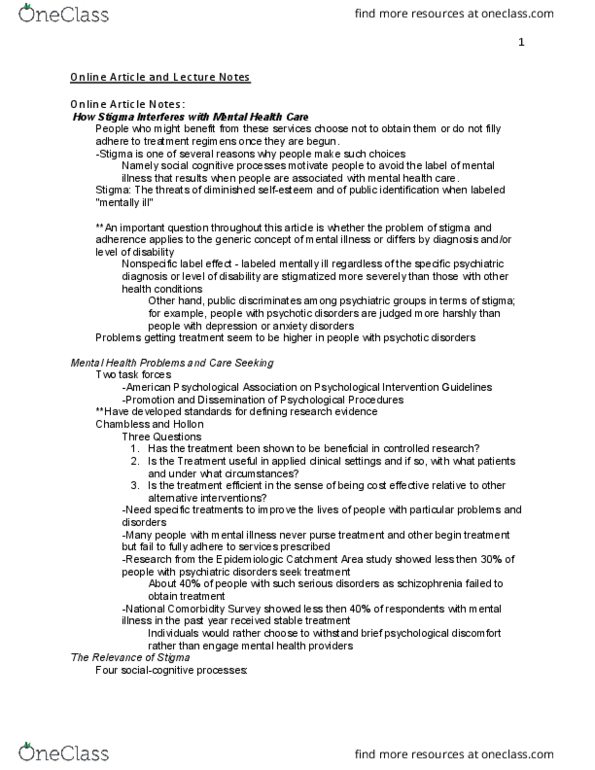 PSY 3171 Lecture Notes - Lecture 9: National Comorbidity Survey, Mental Disorder, American Psychological Association thumbnail