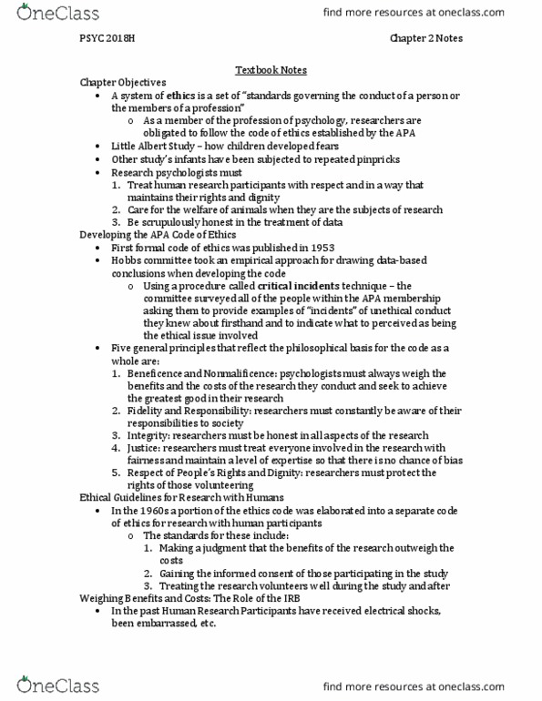 PSYC 2018H Chapter Notes - Chapter 2: Stanley Milgram, Little Albert Experiment, Naturalistic Observation thumbnail