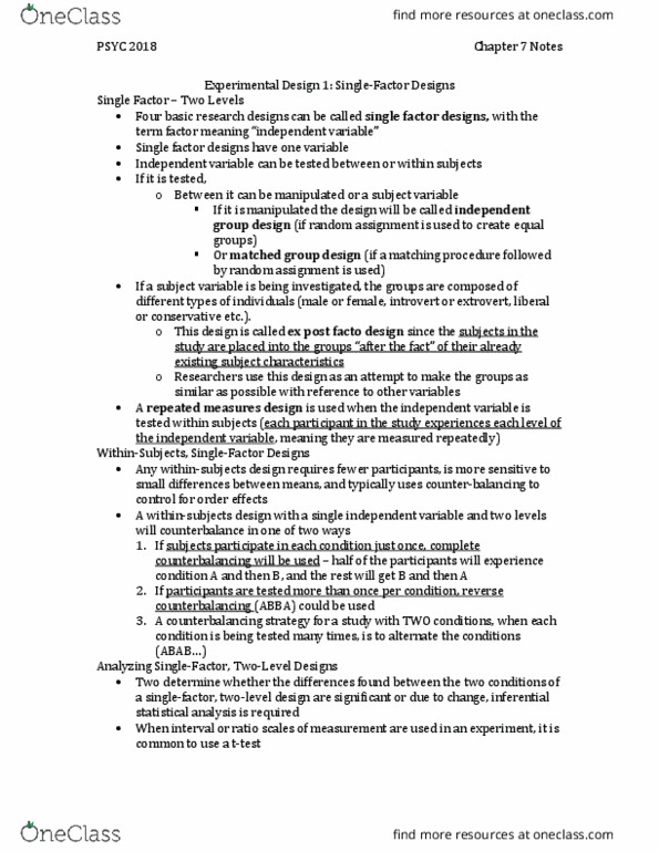 PSYC 2018H Chapter Notes - Chapter 7: Repeated Measures Design, Random Assignment, Type I And Type Ii Errors thumbnail