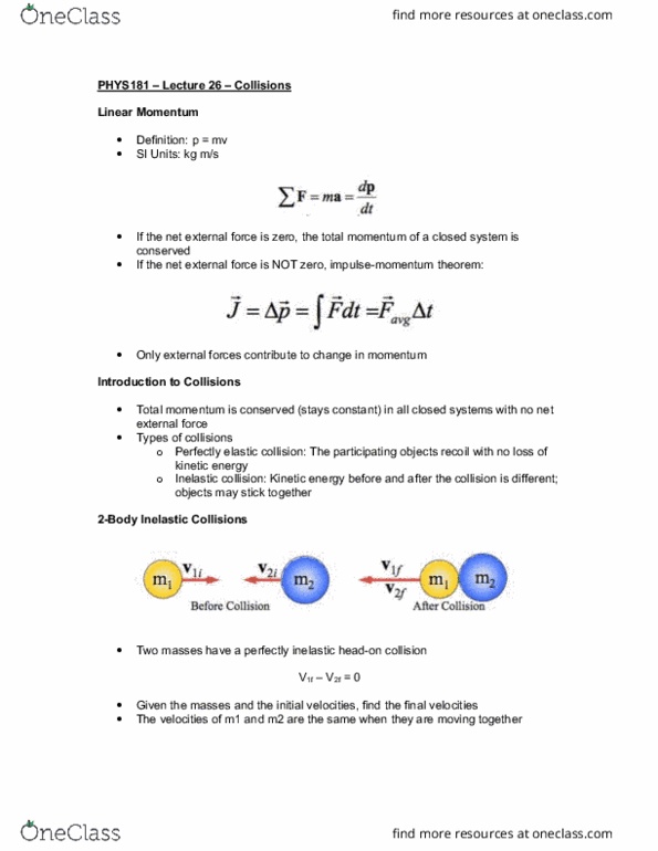 PHYSICS 181 Lecture Notes - Lecture 26: Inelastic Collision, Elastic Collision, International System Of Units thumbnail
