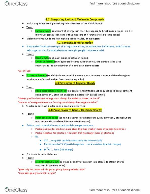 CHEM 121 Chapter Notes - Chapter 4: Bond-Dissociation Energy, Ionic Compound, Lattice Energy thumbnail