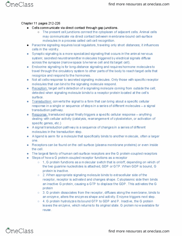 BIO SCI 93 Chapter Notes - Chapter 11: Signal Transduction, Paracrine Signalling, Molecular Switch thumbnail