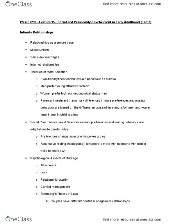 PSYC 2235 Lecture Notes - Lecture 15: Assortative Mating, Conflict Management, Postpartum Depression thumbnail