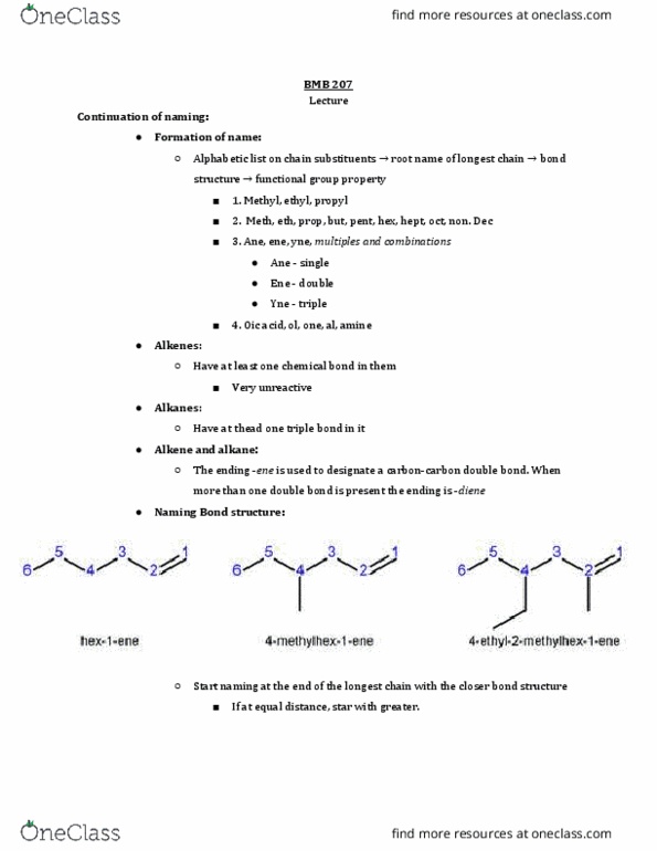 BMB 207 Lecture Notes - Lecture 23: Alkene, Chemical Bond, Methyl Group thumbnail