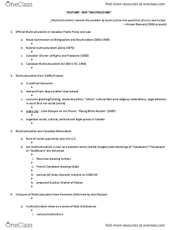 SOSC 1350 Lecture Notes - Lecture 17: Canadian Multiculturalism Act, Canadian Economics Association, Canadian Nationalism thumbnail