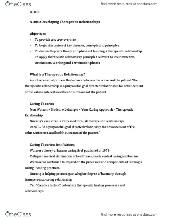 NURS 1003 Lecture Notes - Lecture 3: Therapeutic Relationship, Nonverbal Communication, Communication Theory thumbnail