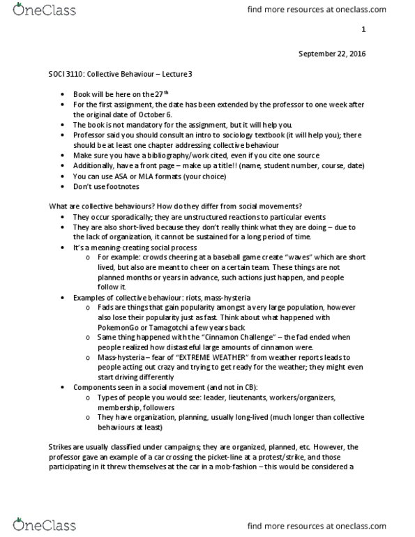 SOCI 3110 Lecture Notes - Lecture 3: Social Movement Organization, Collective Behavior, Tamagotchi thumbnail
