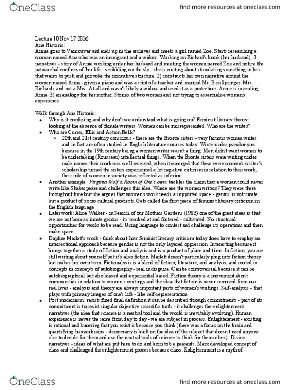 Sociology 2253A/B Lecture Notes - Lecture 10: Feminist Literary Criticism, Alice Walker, Literary Theory thumbnail