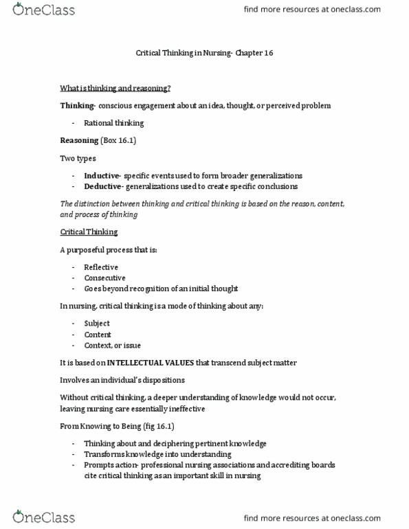 NURS 1004 Lecture Notes - Lecture 7: American Philosophical Association, Critical Thinking, Tabula Rasa thumbnail