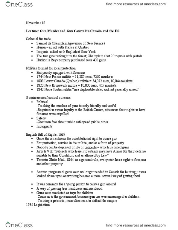 HIST 3850 Lecture Notes - Lecture 10: Gun Control, Lower Canada thumbnail