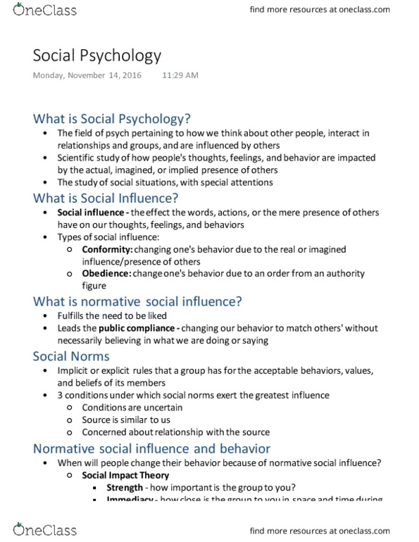 PSYC 101 Lecture Notes - Lecture 29: Normative Social Influence, Fundamental Attribution Error, Social Influence thumbnail
