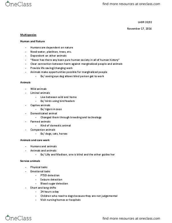 LABR 2Q92 Lecture Notes - Lecture 8: List Of Domesticated Animals, Sentience, Blood Sugar thumbnail