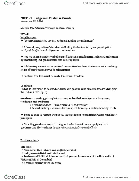 POL 3159 Lecture Notes - Lecture 9: Taiaiake Alfred, Anishinaabe, Indian Act thumbnail