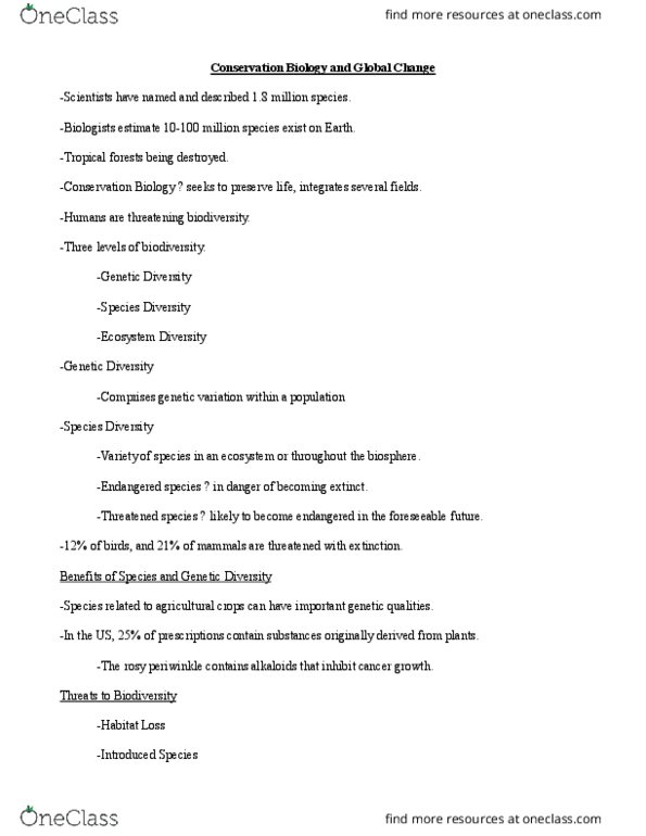 BIOS-1073 Lecture Notes - Lecture 30: Catharanthus Roseus, Endangered Species, Overexploitation thumbnail