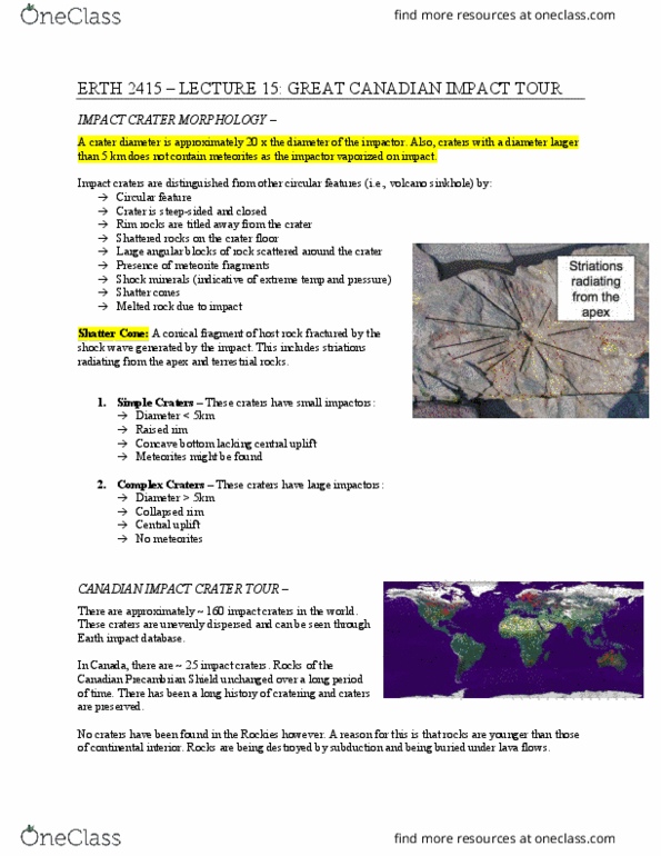 ERTH 2415 Lecture Notes - Lecture 15: Lake Wanapitei, Earth Impact Database, Impact Crater thumbnail