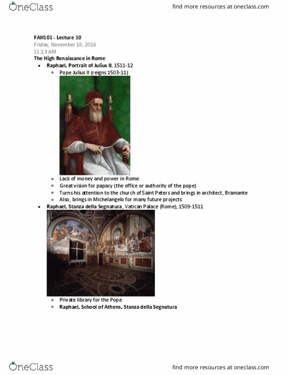 FAH101H5 Lecture Notes - Lecture 10: Raphael Rooms, Donato Bramante, Private Library thumbnail