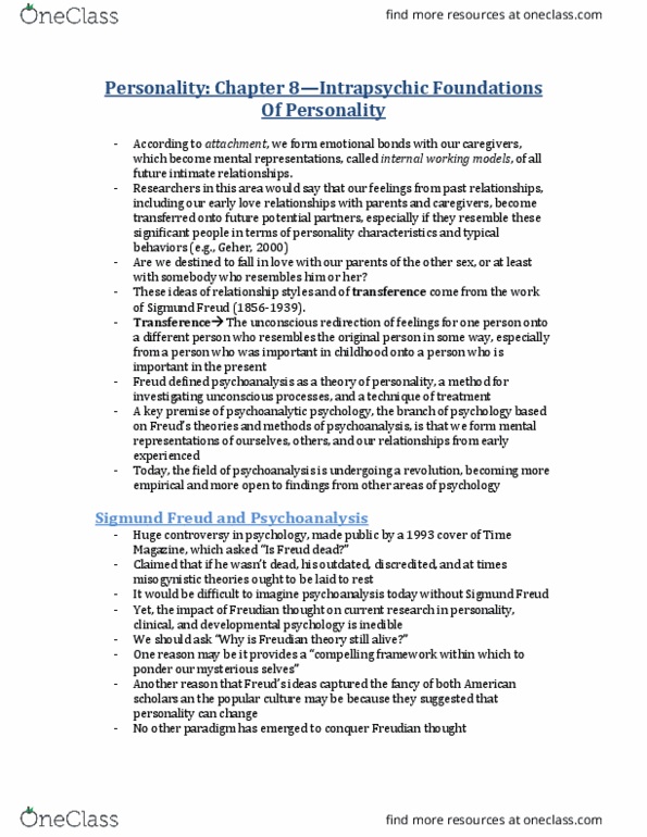 PSYB30H3 Chapter Notes - Chapter 8: Sigmund Freud, Unconscious Mind, The Conscious Mind thumbnail