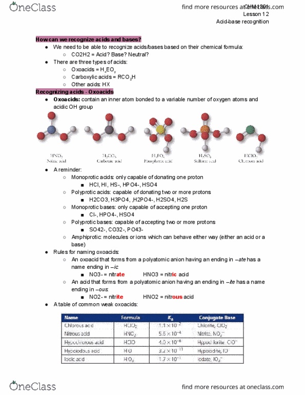 CHM 1301 Lecture Notes - Lecture 12: Oxoacid, Acetic Acid, Nitrous Acid thumbnail
